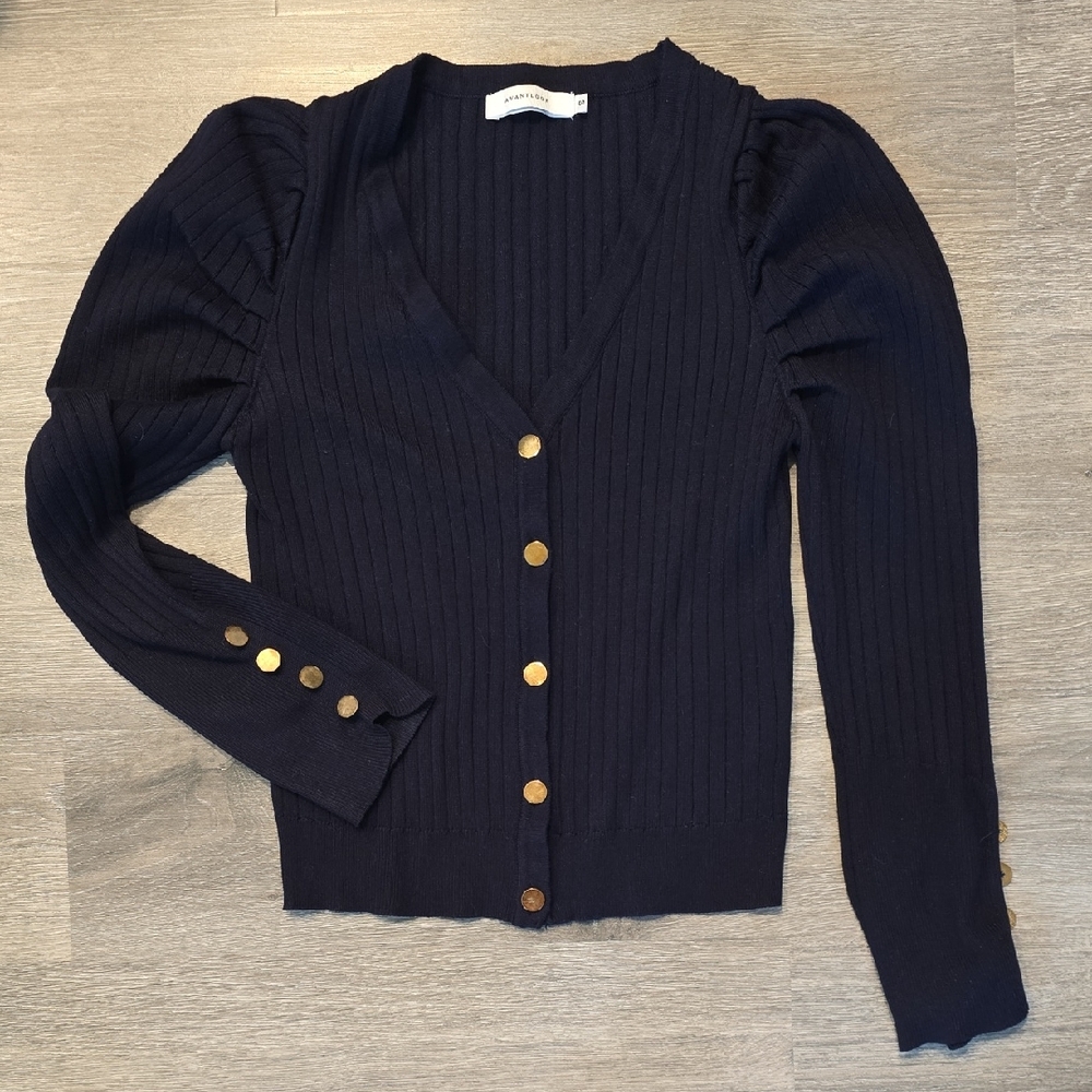 Dark Navy and Gold Cardigan Sweater with Ribbed Knit and Puffed Shoulders